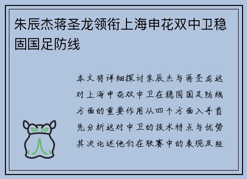 朱辰杰蒋圣龙领衔上海申花双中卫稳固国足防线